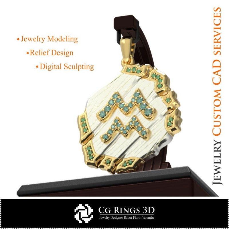 水瓶座星座吊坠 - 3D CAD 珠宝 3D CAD、吊坠 3D CAD、复古珠宝 3D CAD、3D 星座吊坠、3D 复古现代