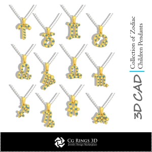 星座儿童吊坠系列 3D CAD 家居，珠宝 3D CAD，吊坠 3D CAD，珠宝系列 3D CAD，3D 字母 P