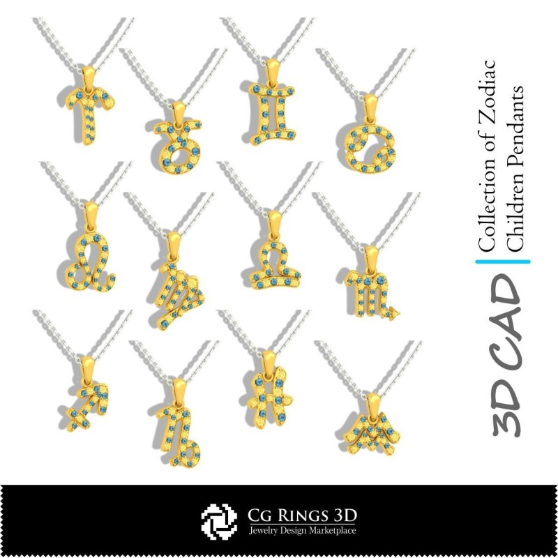 Collection de pendentifs d'enfants du zodiaque CAO 3D, CAO 3D de bijoux, CAO 3D de pendentifs, Collections de bijoux CAO 3D,