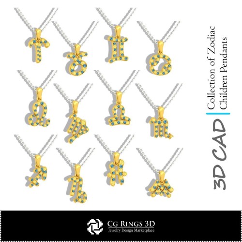Colección de Colgantes de Niños del Zodiaco CAD 3D, CAD 3D de Joyería, Colgantes CAD 3D, Colecciones de Joyería CAD 3D, CAD 3D