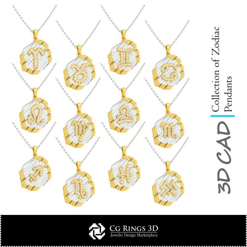 十二星座吊坠系列 - 3D CAD 家居, 珠宝 3D CAD, 吊坠 3D CAD, 珠宝系列 3D CAD, 3D 星座吊坠