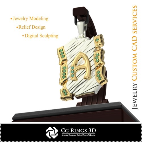 Anhänger mit Buchstabe A - 3D-CAD Schmuck 3D-CAD, Anhänger 3D-CAD, Vintage-Schmuck 3D-CAD, 3D-Buchstabenanhänger, 3D