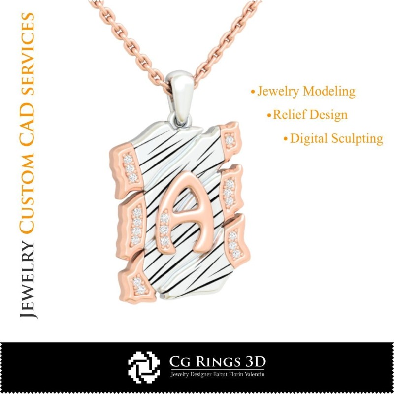 Anhänger mit Buchstabe A - 3D-CAD Schmuck 3D-CAD, Anhänger 3D-CAD, Vintage-Schmuck 3D-CAD, 3D-Buchstabenanhänger, 3D