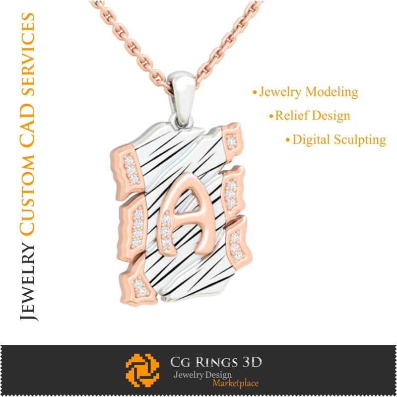 字母 A 吊坠 - 3D CAD 珠宝 3D CAD，吊坠 3D CAD，复古珠宝 3D CAD，3D 字母吊坠，3D 复古现代风格