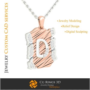 字母 D 吊坠 - 3D CAD 家居, 珠宝 3D CAD, 吊坠 3D CAD, 复古珠宝 3D CAD, 3D 字母吊坠, 3D 复古风格 2