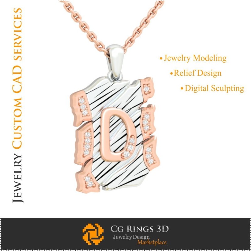 Anhänger mit Buchstabe D - 3D-CAD Home, Schmuck 3D-CAD, Anhänger 3D-CAD, Vintage-Schmuck 3D-CAD, 3D-Buchstabenanhänger,