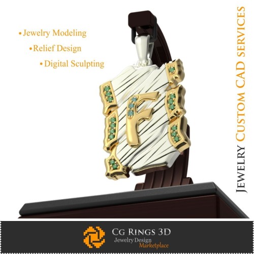 Pendentif avec lettre F - CAO 3D maison, CAO 3D bijoux, CAO 3D pendentifs, CAO 3D bijoux vintage, pendentifs lettre 3D, rétro 3D