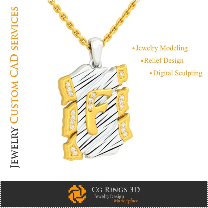 字母 F 吊坠 - 3D CAD 家居，首饰 3D CAD，吊坠 3D CAD，复古首饰 3D CAD，3D 字母吊坠，3D 复古风格