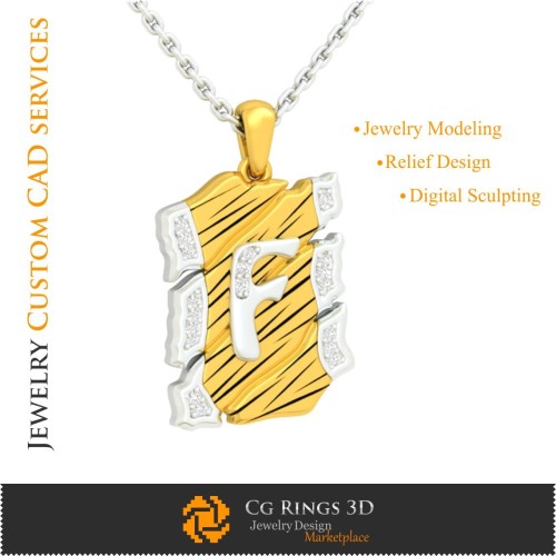 字母 F 吊坠 - 3D CAD 家居，首饰 3D CAD，吊坠 3D CAD，复古首饰 3D CAD，3D 字母吊坠，3D 复古风格