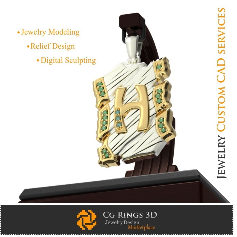 Anhänger mit Buchstabe H - 3D-CAD Home, Schmuck 3D-CAD, Anhänger 3D-CAD, Vintage-Schmuck 3D-CAD, 3D-Buchstabenanhänger,