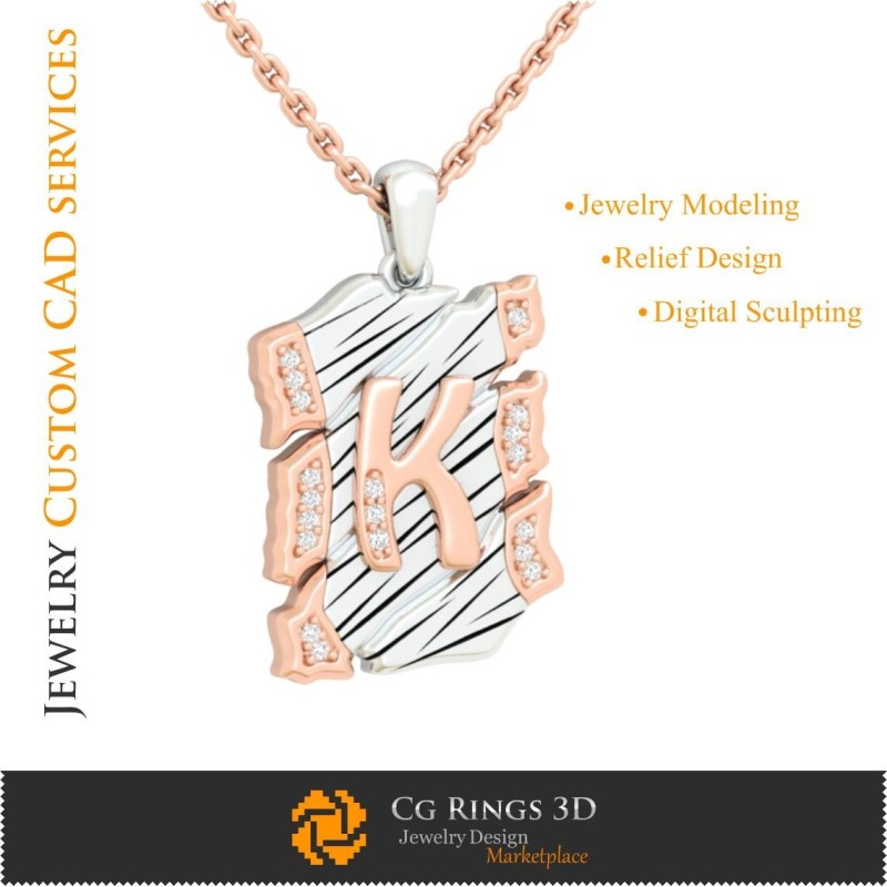 Pendentif avec lettre K - CAO 3D Maison, CAO 3D Bijoux, CAO 3D Pendentifs, CAO 3D Bijoux Vintage, Pendentifs lettre 3D, 3D