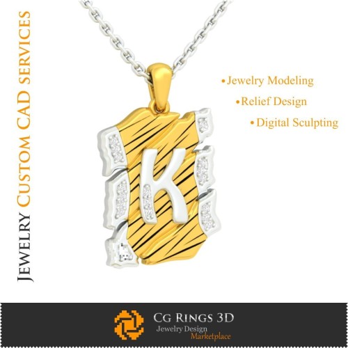 带字母 K 吊坠 - 3D CAD 家居，首饰 3D CAD，吊坠 3D CAD，复古首饰 3D CAD，3D 字母吊坠，3D 复古风