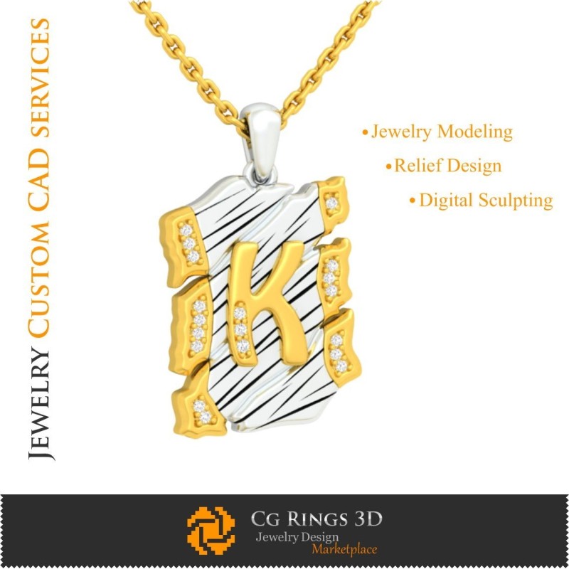 Anhänger mit Buchstabe K - 3D-CAD Home, Schmuck 3D-CAD, Anhänger 3D-CAD, Vintage-Schmuck 3D-CAD, 3D-Buchstabenanhänger,