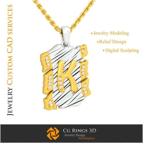 Colgante con letra K - CAD 3D para hogar, CAD 3D de joyería, CAD 3D de colgantes, CAD 3D de joyería vintage, colgantes de letra