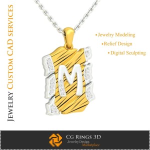 字母 M 吊坠 - 3D CAD 珠宝 3D CAD，吊坠 3D CAD，复古珠宝 3D CAD，3D 字母吊坠，3D 复古现代风 2