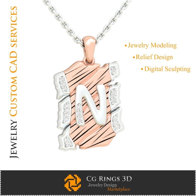 字母 N 吊坠 - 3D CAD 珠宝 3D CAD、吊坠 3D CAD、复古珠宝 3D CAD、3D 字母吊坠、3D 复古现代风