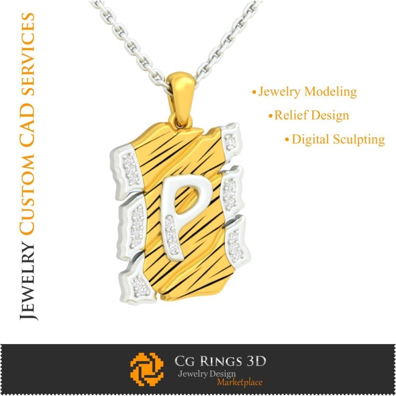 字母 P 吊坠 - 3D CAD 珠宝 3D CAD、吊坠 3D CAD、复古珠宝 3D CAD、3D 字母吊坠、3D 复古现代风格
