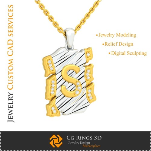 Anhänger mit Buchstabe S - 3D-CAD Home, Schmuck 3D-CAD, Anhänger 3D-CAD, Vintage-Schmuck 3D-CAD, 3D-Buchstabenanhänger,