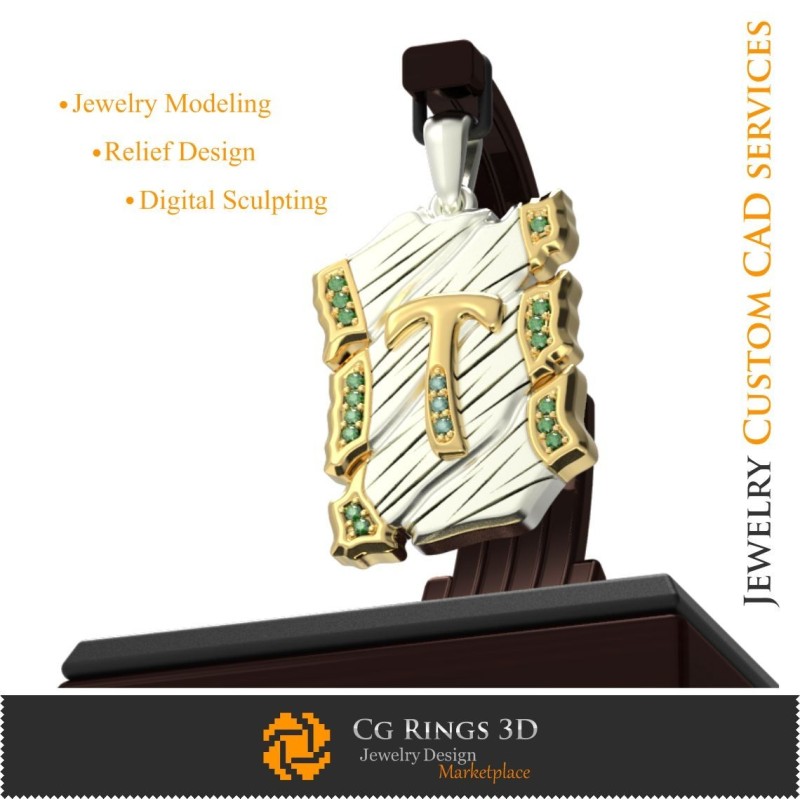 Ciondolo con lettera T - CAD 3D Casa, CAD 3D Gioielli, CAD 3D Ciondoli, CAD 3D Gioielli Vintage, Ciondoli con lettere 3D, 3D