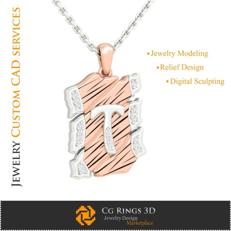Ciondolo con lettera T - CAD 3D Casa, CAD 3D Gioielli, CAD 3D Ciondoli, CAD 3D Gioielli Vintage, Ciondoli con lettere 3D, 3D