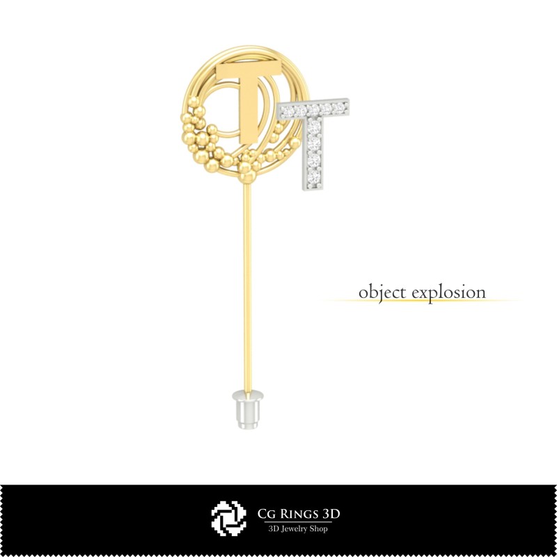 Broche 3D con letra T Hogar, Joyería CAD 3D, Broches CAD 3D, Alfiler de broche 3D