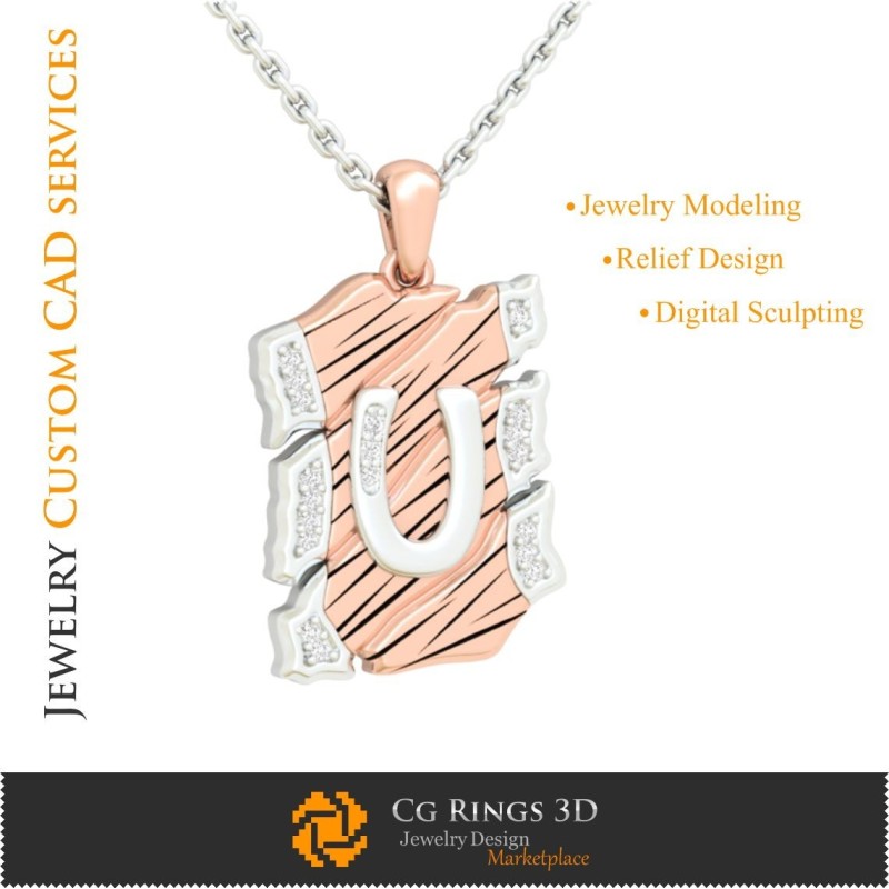 字母 U 吊坠 - 3D CAD 珠宝 3D CAD, 吊坠 3D CAD, 复古珠宝 3D CAD, 3D 字母吊坠, 3D 复古现代风格