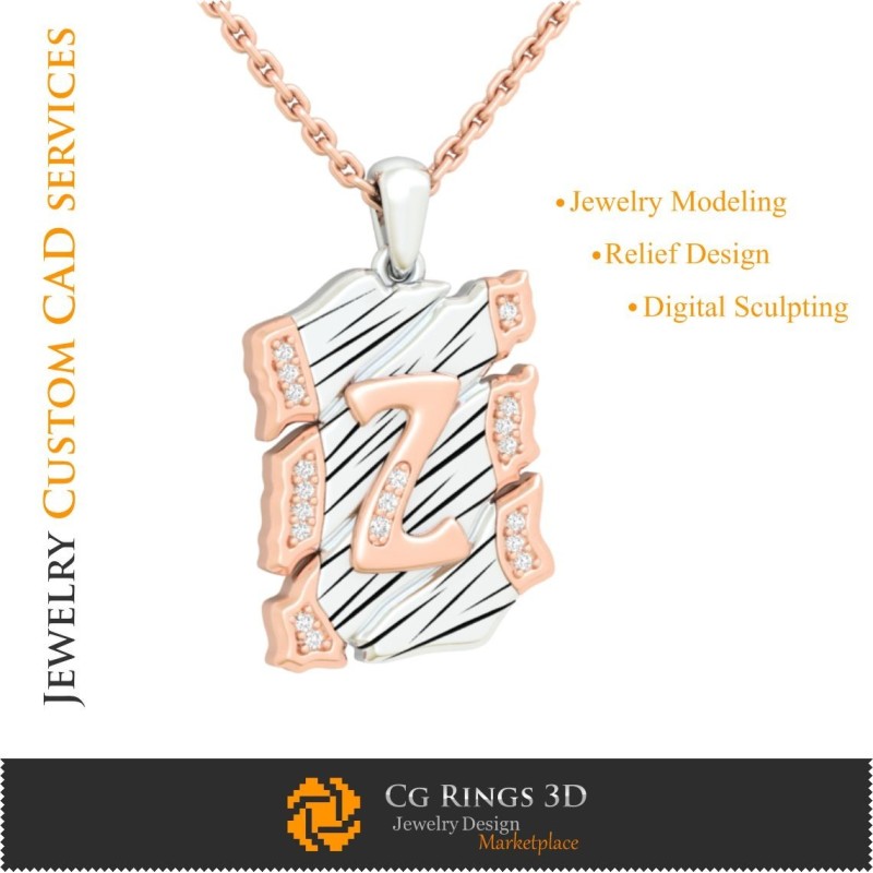 Ciondolo con lettera Z - CAD 3D Gioielleria, CAD 3D Ciondoli, CAD 3D Gioielli Vintage, Ciondoli con lettere 3D, J Retro Moderno