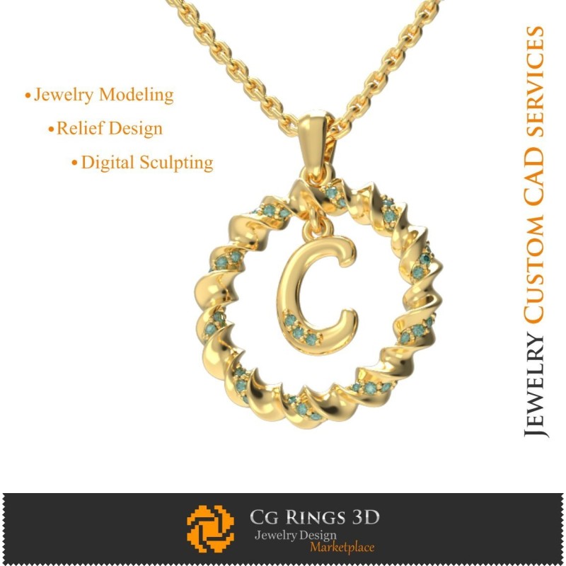 Colgante con letra C - CAD 3D Joyería CAD 3D, Colgantes CAD 3D, Colgantes de letra 3D