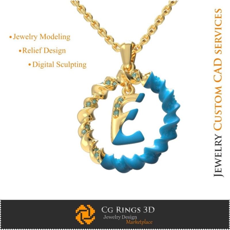 字母 E 吊坠 - 3D CAD 珠宝 3D CAD，吊坠 3D CAD，3D 字母吊坠