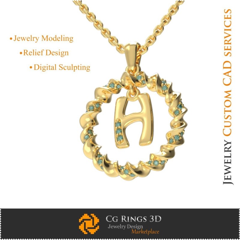 Pendant With Letter H - 3D CAD Jewelry 3D CAD, Pendants 3D CAD , 3D Letter Pendants