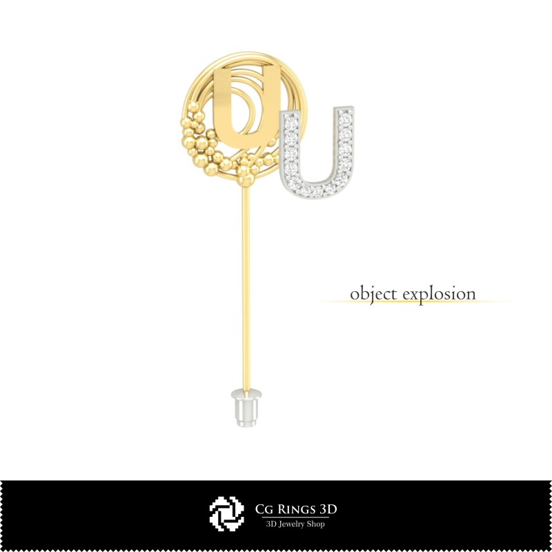 Broche 3D con letra U para el hogar, joyería CAD 3D, broches CAD 3D, alfiler broche 3D