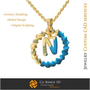 字母 N 吊坠 - 3D CAD 珠宝 3D CAD，吊坠 3D CAD，3D 字母吊坠