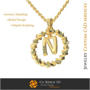 字母 N 吊坠 - 3D CAD 珠宝 3D CAD，吊坠 3D CAD，3D 字母吊坠 2