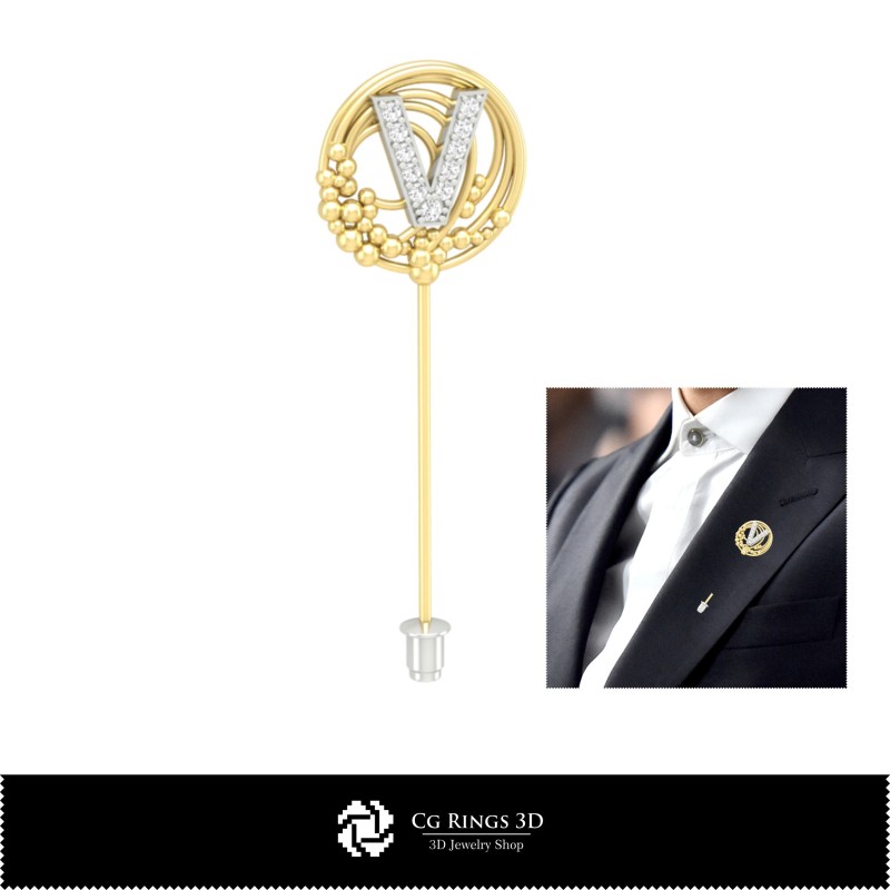 Broche 3D con letra V Para el hogar, Joyería CAD 3D, Broches CAD 3D, Alfiler de solapa broche 3D