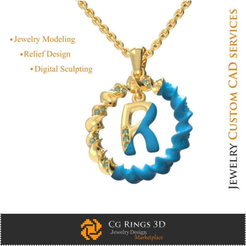 Pendant With Letter R - 3D CAD Jewelry 3D CAD, Pendants 3D CAD , 3D Letter Pendants