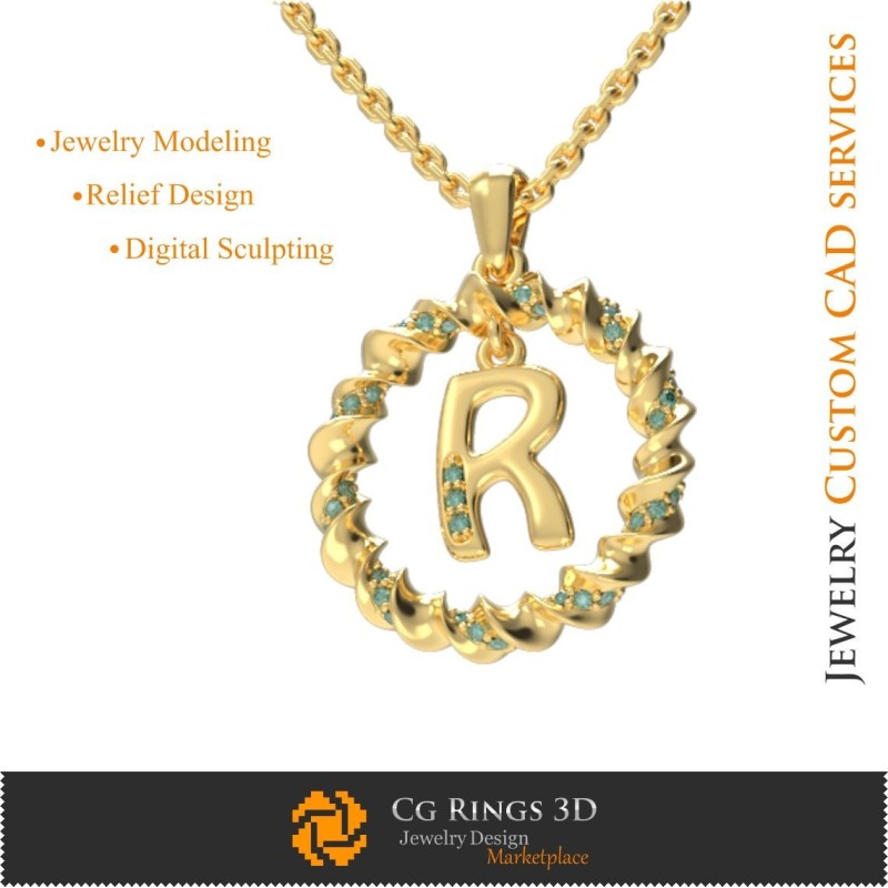 Pandantiv cu litera R - CAD 3D bijuterii, pandantive CAD 3D, pandantive 3D cu litere