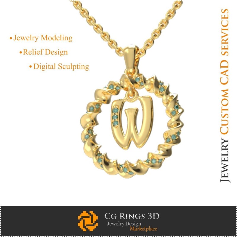 Anhänger mit Buchstabe W - 3D-CAD Schmuck 3D-CAD, Anhänger 3D-CAD, 3D-Buchstabenanhänger