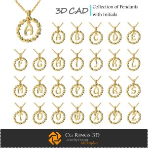 带字母首字母的吊坠系列 - 3D CAD 珠宝 3D CAD，吊坠 3D CAD，珠宝系列 3D CAD，3D 字母吊坠