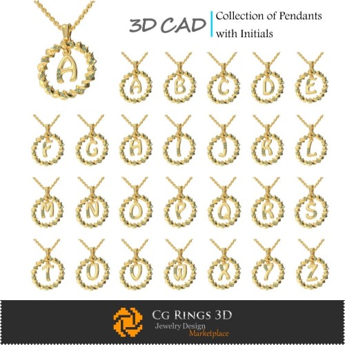 Kollektion von Anhängern mit Initialen - 3D-CAD Schmuck 3D-CAD, Anhänger 3D-CAD, Schmuckkollektionen 3D-CAD,