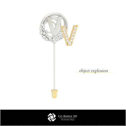 3D-Brosche mit Buchstabe V Home, Schmuck 3D-CAD, Broschen 3D-CAD, 3D-Broschen-Stecknadel