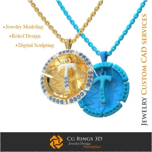 字母T吊坠 - 3D CAD 珠宝 3D CAD，吊坠 3D CAD，复古珠宝 3D CAD，3D 字母吊坠，3D 复古现代风格