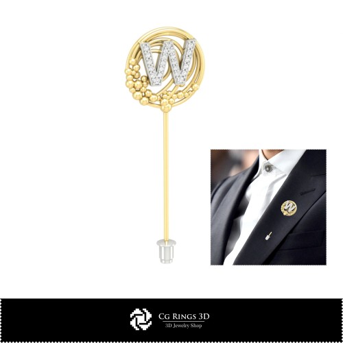Broche 3D avec lettre W Maison, Bijoux CAO 3D, Broches CAO 3D, Épingle-broche 3D