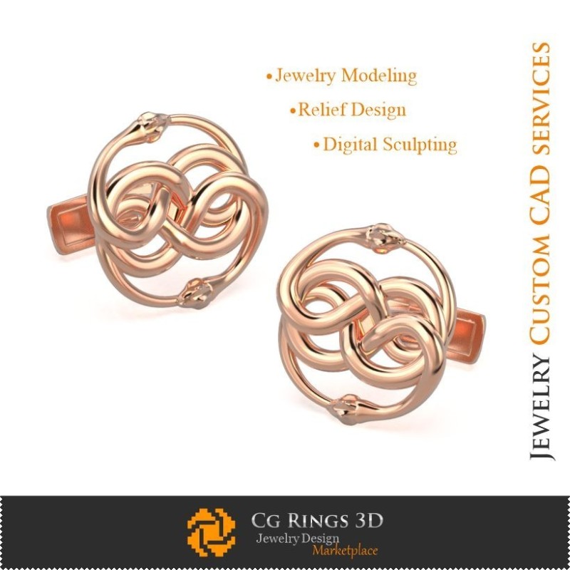 Schlangen-Manschettenknöpfe - 3D-CAD Schmuck, 3D-CAD Manschettenknöpfe, 3D Wal-Back-Verschluss Manschettenknöpfe