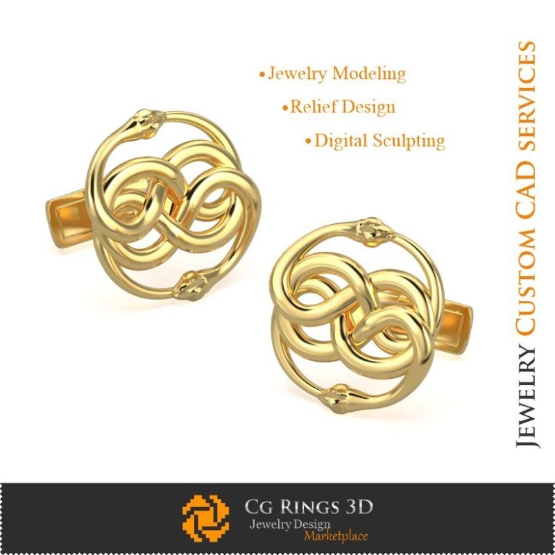 Gemelos de serpientes - CAD 3D, Joyería CAD 3D, Gemelos CAD 3D, Gemelos con cierre trasero en forma de ballena