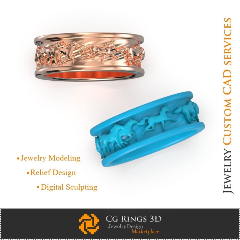 Inel de nuntă cu cai - 3D CAD Bijuterii 3D CAD, Inele 3D CAD, Verighete 3D