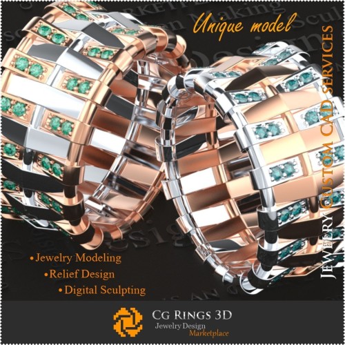 Alliances de mariage féminines uniques - Bagues en pierres précieuses créées en CAO 3D, Bijoux 3D CAO, Bijoux uniques 3D,