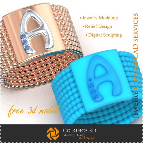 Ring mit Buchstabe A - Kostenlose 3D-Schmuckdatei Schmuck 3D-CAD, Kostenlose 3D-Schmuckdateien, Ringe 3D-CAD, Cocktailringe