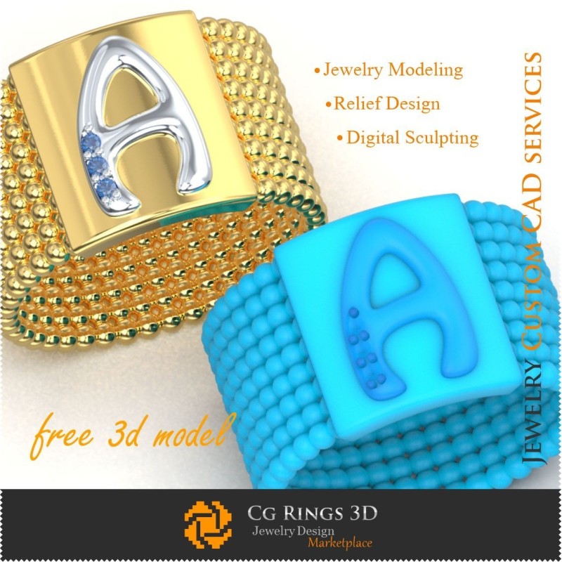 Ring With Letter A - Free 3D Jewelry Jewelry 3D CAD, Free 3D Jewelry, Rings 3D CAD , Cocktail Rings 3D, Puzzle Rings 3D