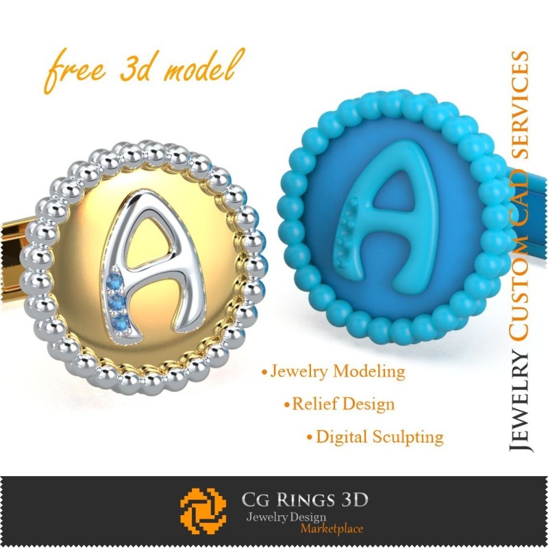 Cufflinks With Letter A - Free 3D CAD Jewelry Jewelry 3D CAD, Free 3D Jewelry, Cufflinks 3D CAD , 3D Whale Back Closure Cufflin