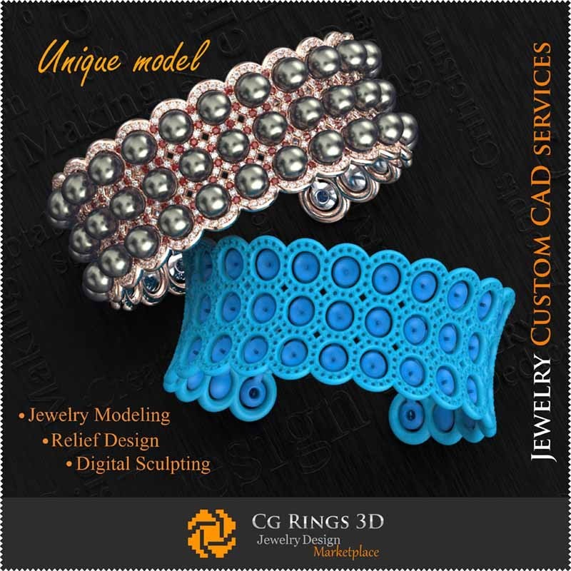 Brățară unică 3D pentru casă, bijuterii 3D CAD, bijuterii unice 3D, brățări 3D CAD, brățări cu perle 3D